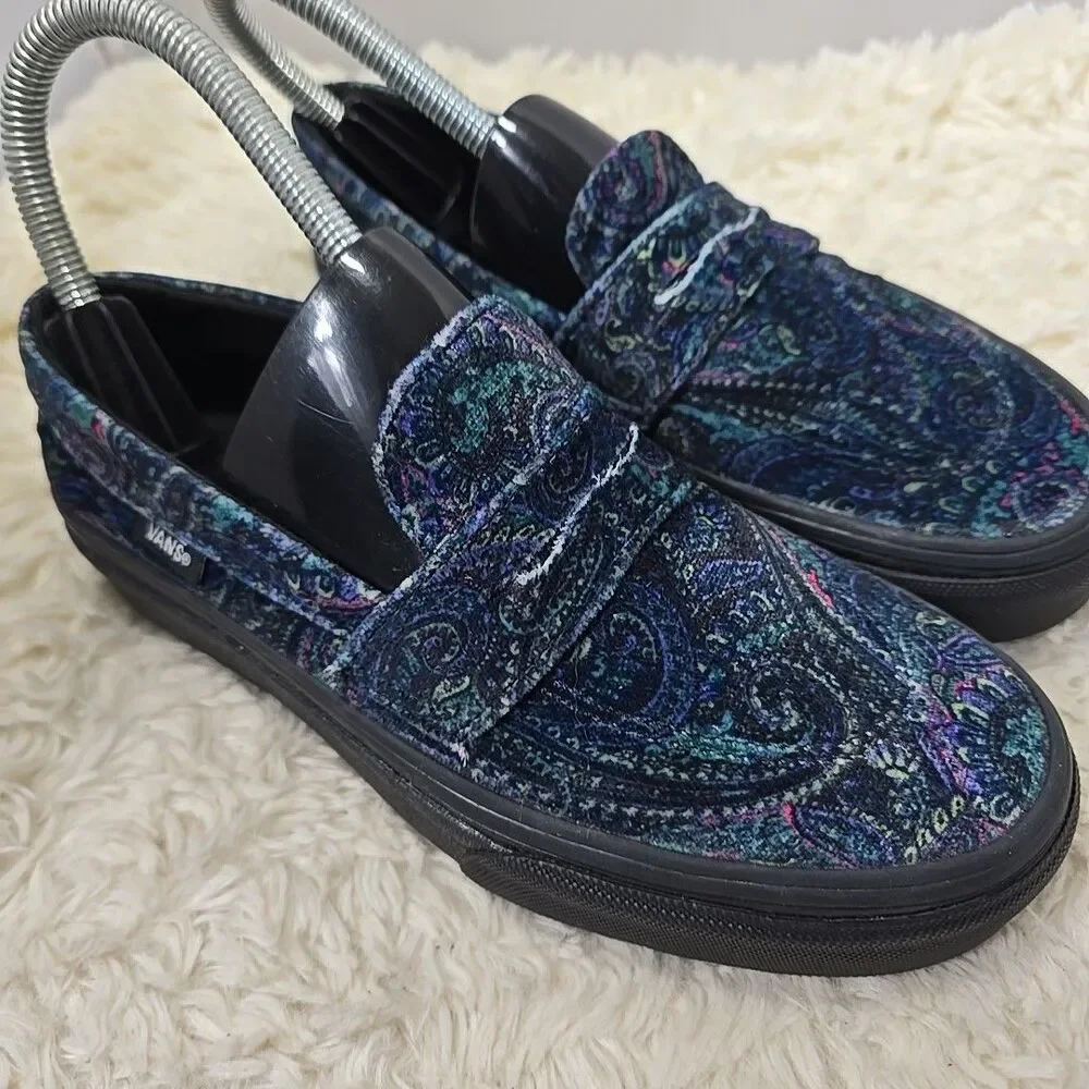 VANS Style 53 Velvet Paisley Men 4 Woman 5.5 Dark Blue Green Loafers Comfort Art